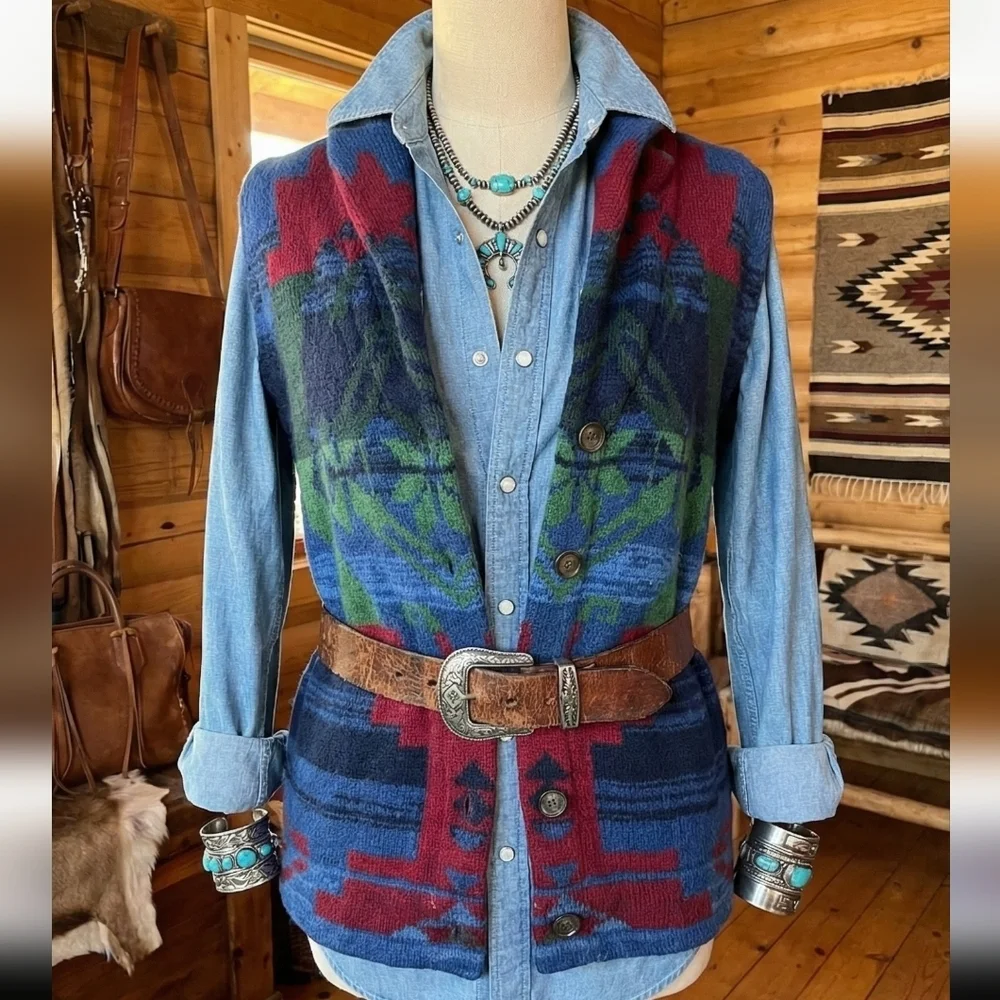 Chaps Denim Hooded Sweater Vest Large Southwest Aztec Tribal Knit Button Front